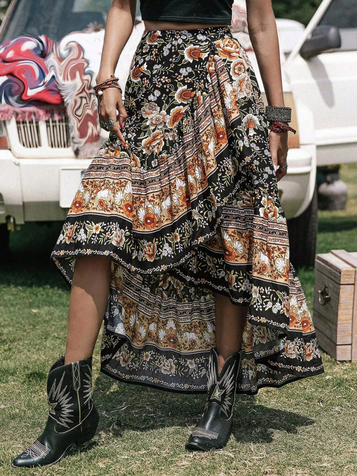 Boho Floral Print High-Low Skirt
