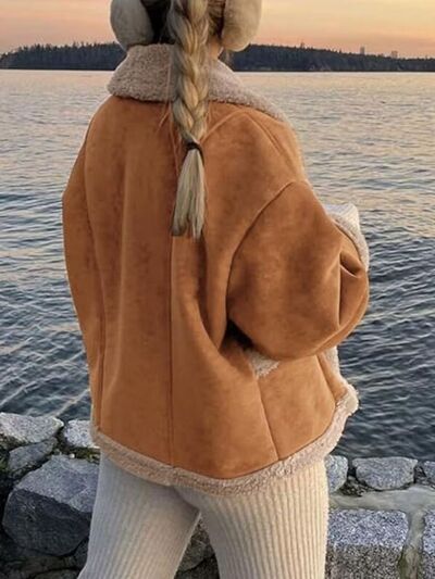 Fuzzy Collared Neck Long Sleeve Jacket with Buttoned Closure and Cozy Pockets