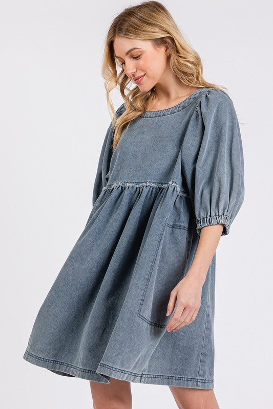 Washed Round Neck Puff Sleeve Denim Dress – Casual, Vintage-Inspired, Comfortable &amp; Chic, Effortlessly Stylish, Classic Denim Dress