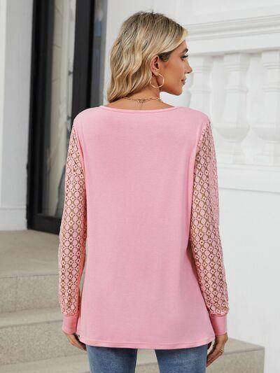 Cutout Round Neck Long Sleeve T-Shirt with Lace Detail