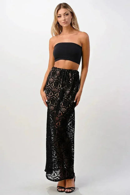 Sheer Lace Maxi Skirt - Drawstring Waist &amp; Bow | Femstylo