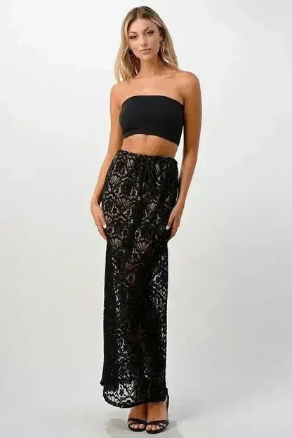 Sheer Lace Maxi Skirt - Drawstring Waist &amp; Bow | Femstylo