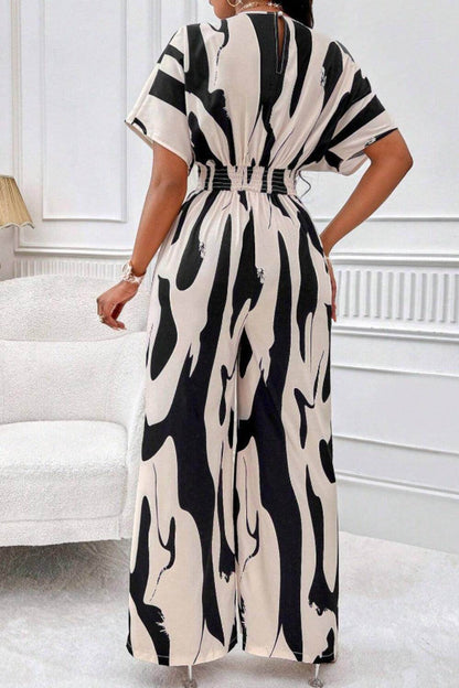 Printed V-Neck Short Sleeve Wide Leg Jumpsuit for Women