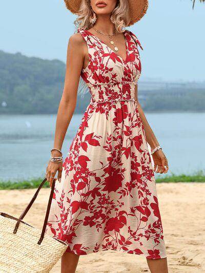 Perfee Smocked Printed Surplice Midi Dress for Women