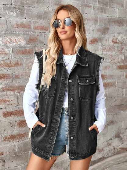 Raw Hem Sleeveless Button Up Denim Jacket for Women