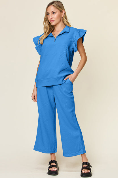 Textured Ruffle Top &amp; Drawstring Wide Leg Pants Set