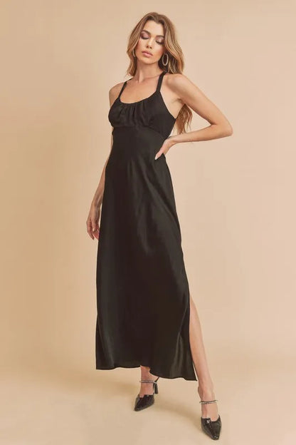 Aemi + Co Ruched Side Slit Cutout Back Maxi Cami Dress