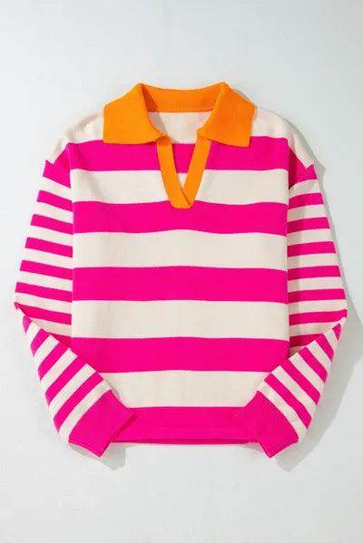 Contrast Stripes Johnny Collar Long Sleeve Sweater for Women