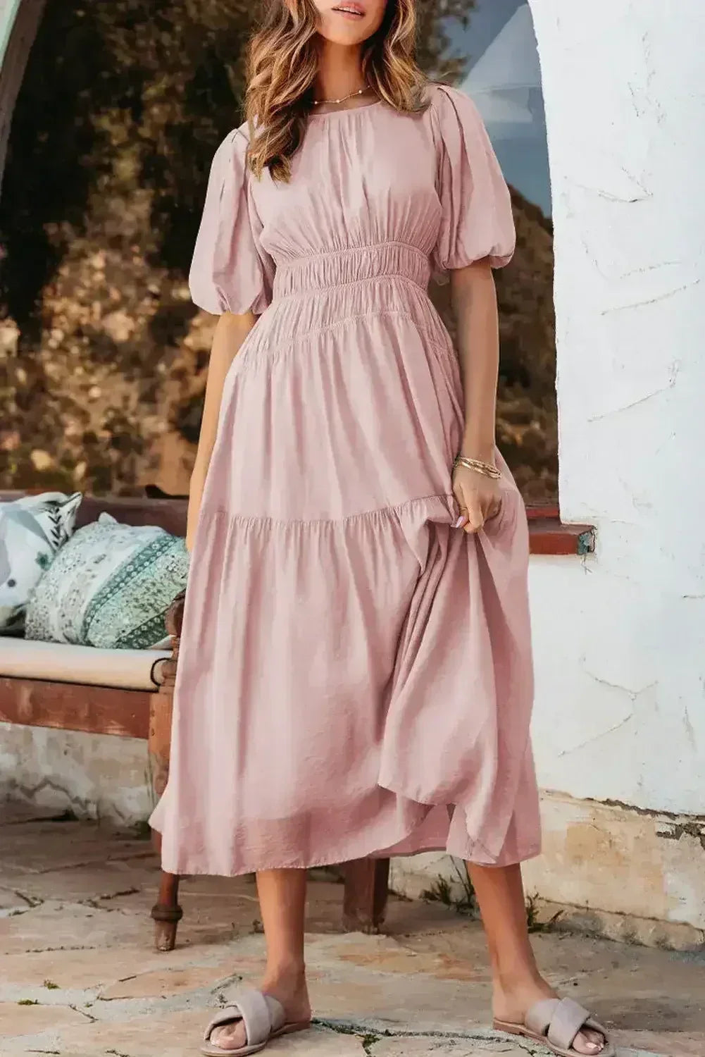 Light Blue Puff Sleeve High Waist Flowy Midi Dress