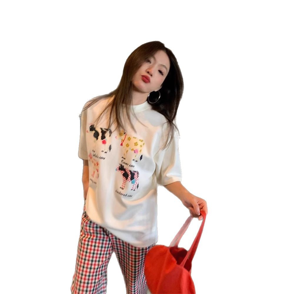 American Retro Cartoon Print Korean Version Loose Versatile Top