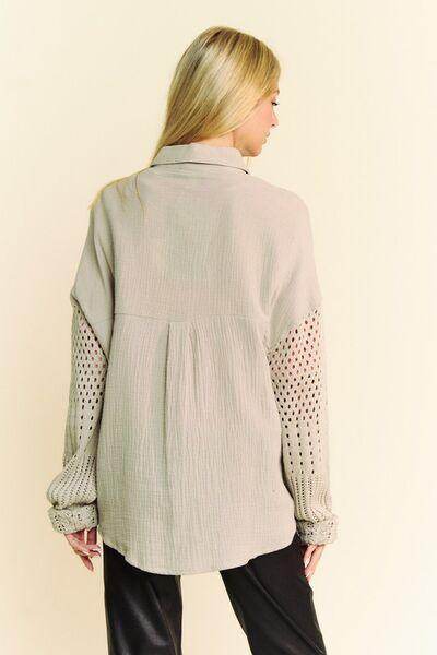 Davi &amp; Dani Crochet Sleeve Crinkled Texture Shirt for Women