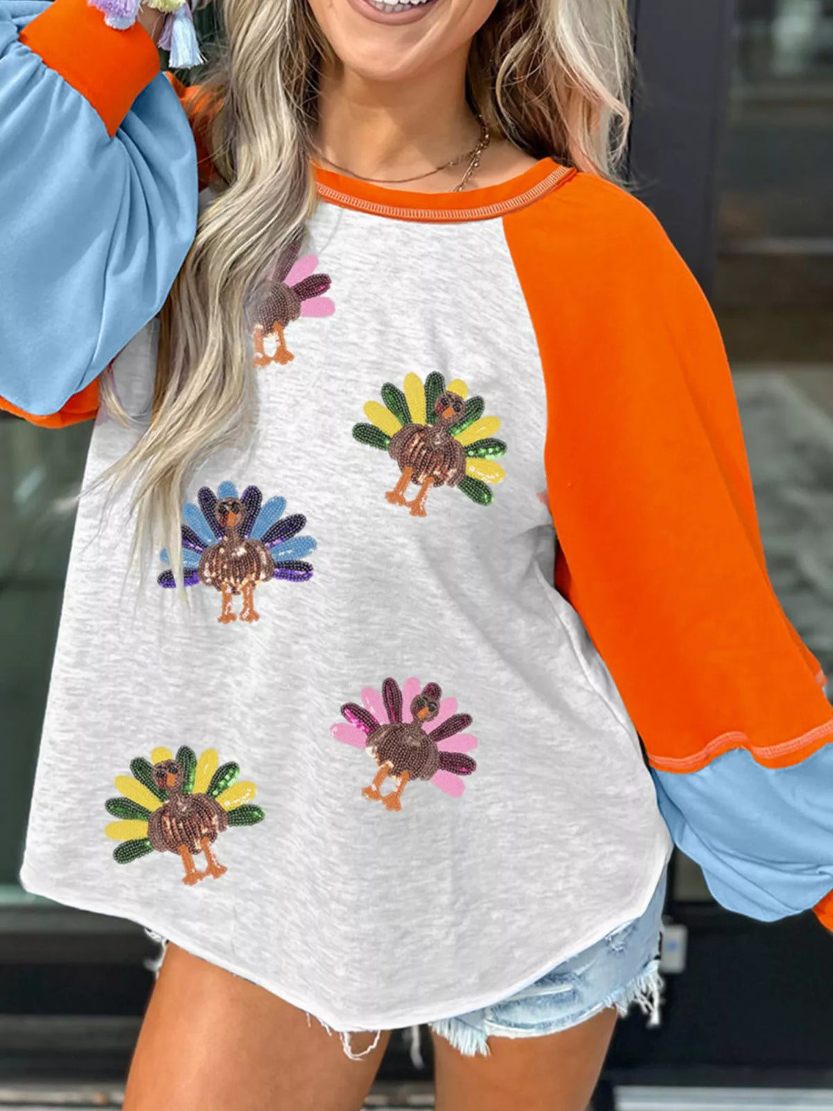 Thanksgiving Turkey Sequin Color Block Raglan Sleeve Top