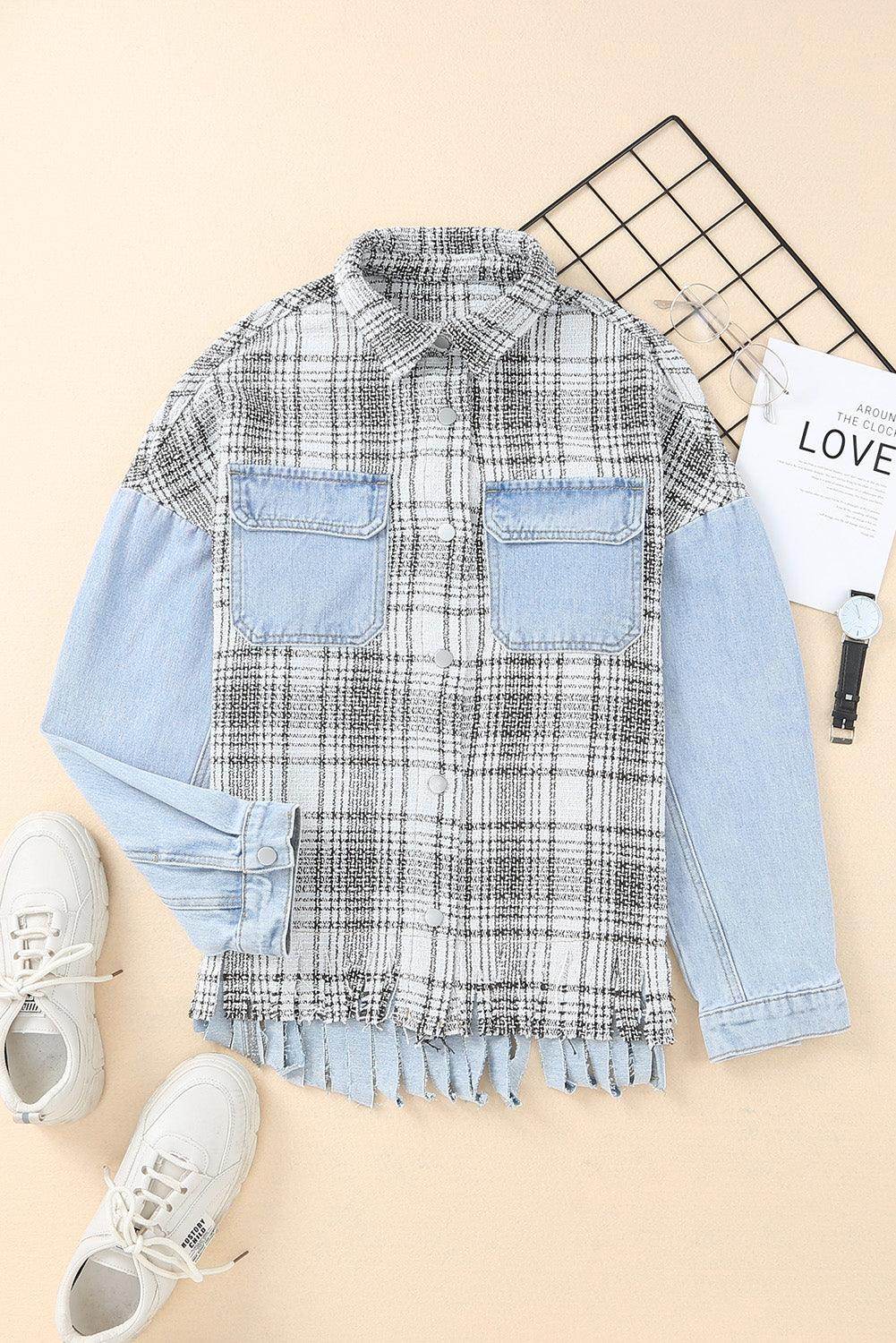 Plaid Pocketed Snap Down Denim Jacket for Stylish Comfort