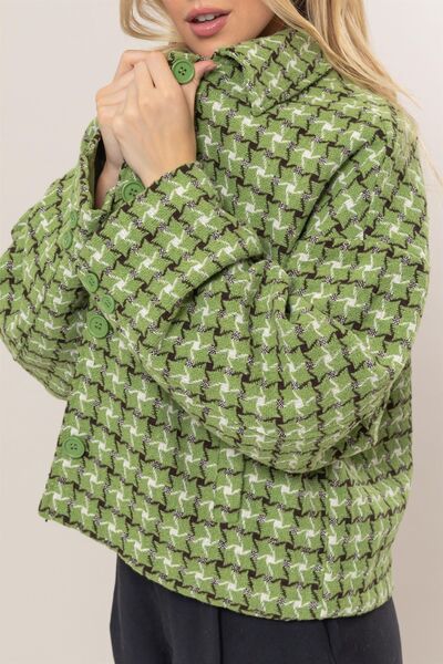 Cute Green Tweed Plaid Button Up Collared Neck Jacket Classic &amp; Elegant Layering Piece Everyday Jacket