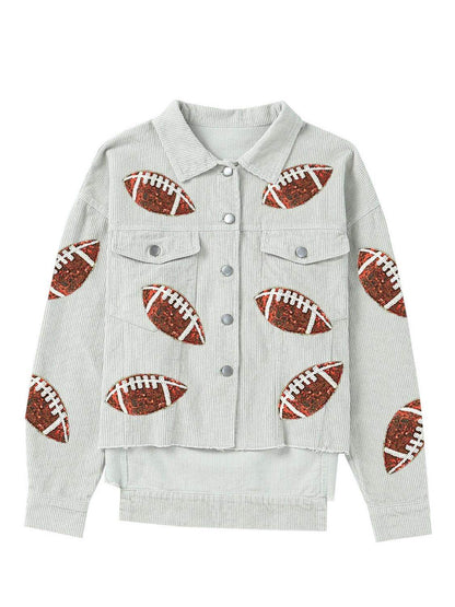 Football Sequin Button Up Dropped Shoulder Jacket for Women