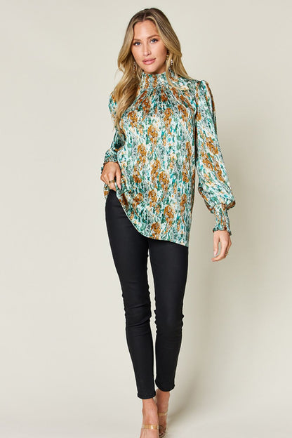 Semi-Sheer Smocked Top with Long Sleeves &amp; Frills