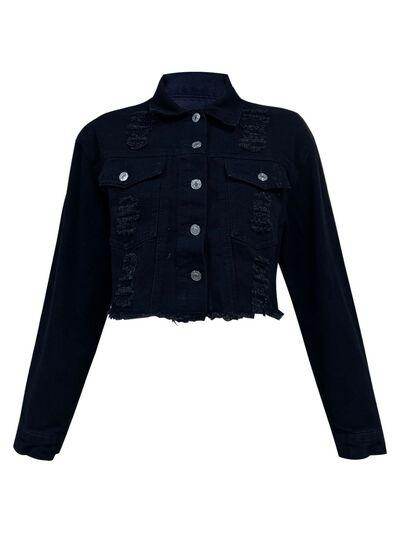 Distressed Collared Neck Long Sleeve Denim Top for Women