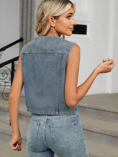 V-Neck Button Down Denim Vest for Effortless Style