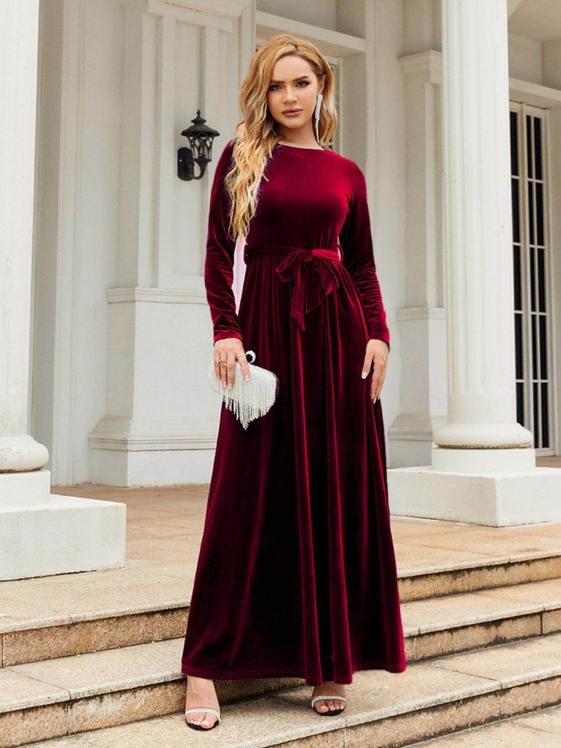Tie Front Round Neck Long Sleeve Maxi Dress for Women