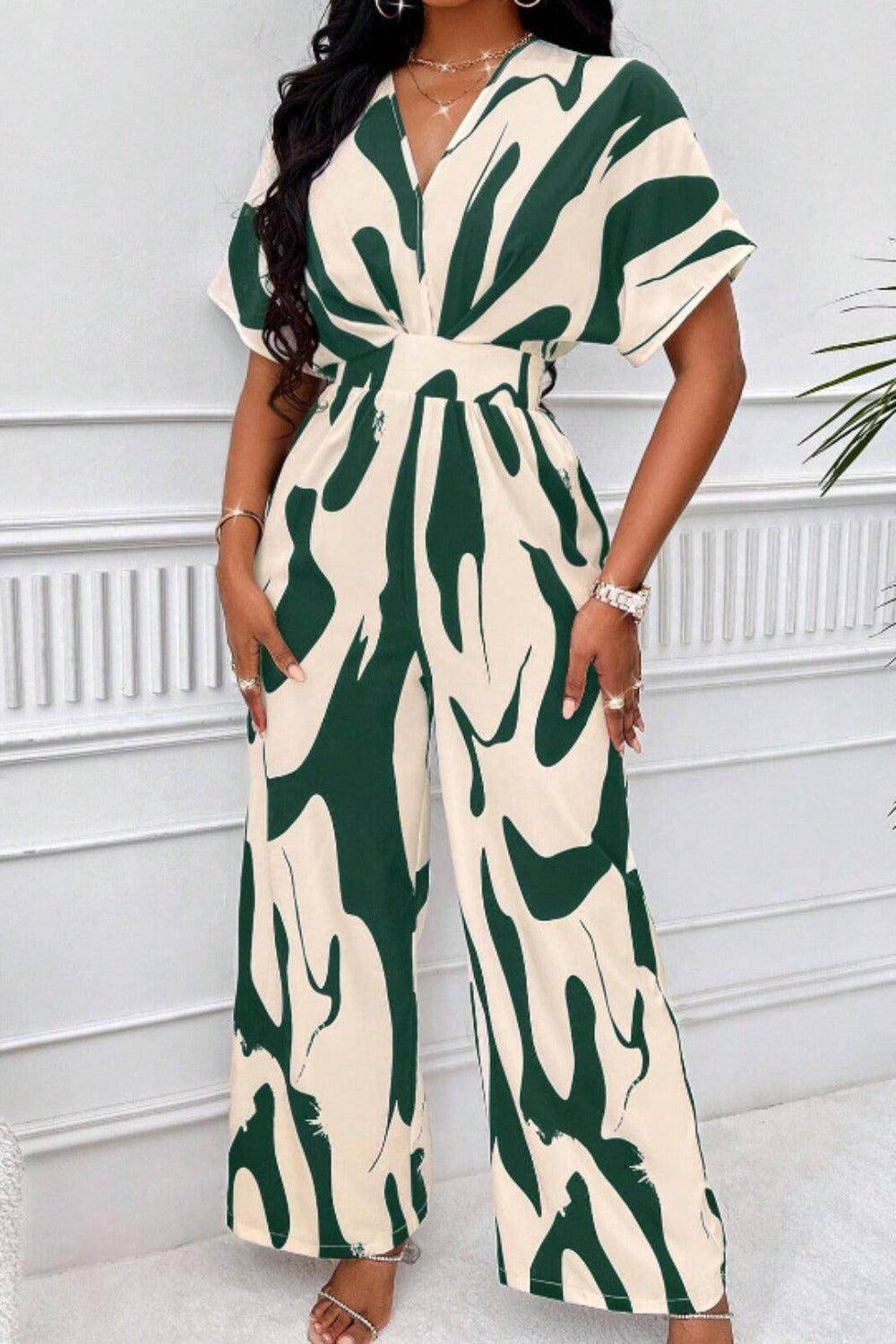 Printed V-Neck Short Sleeve Wide Leg Jumpsuit for Women