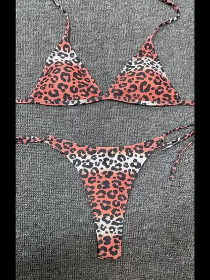 Bikini Leopard Print 2 Piece Swimsuit for Women – High Cut Lace-Up Backless Flattering Bikini Set with Halter Spaghetti Strap – Stretchy Sexy and Stylish Swimwear for Pool Beach and Summer Vacation
