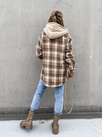 Plaid Dropped Shoulder Hooded Jacket for Casual Style