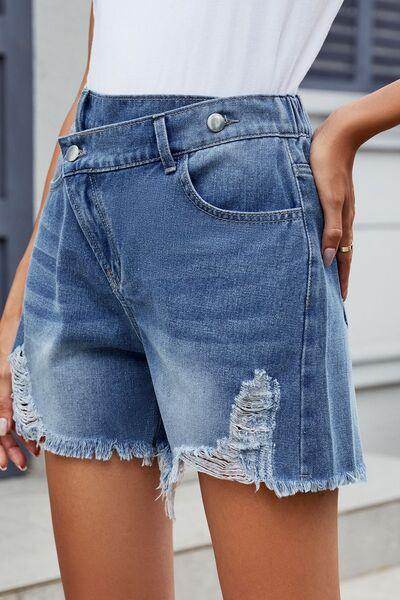Distressed Raw Hem Asymmetric Waist Denim Shorts for Women
