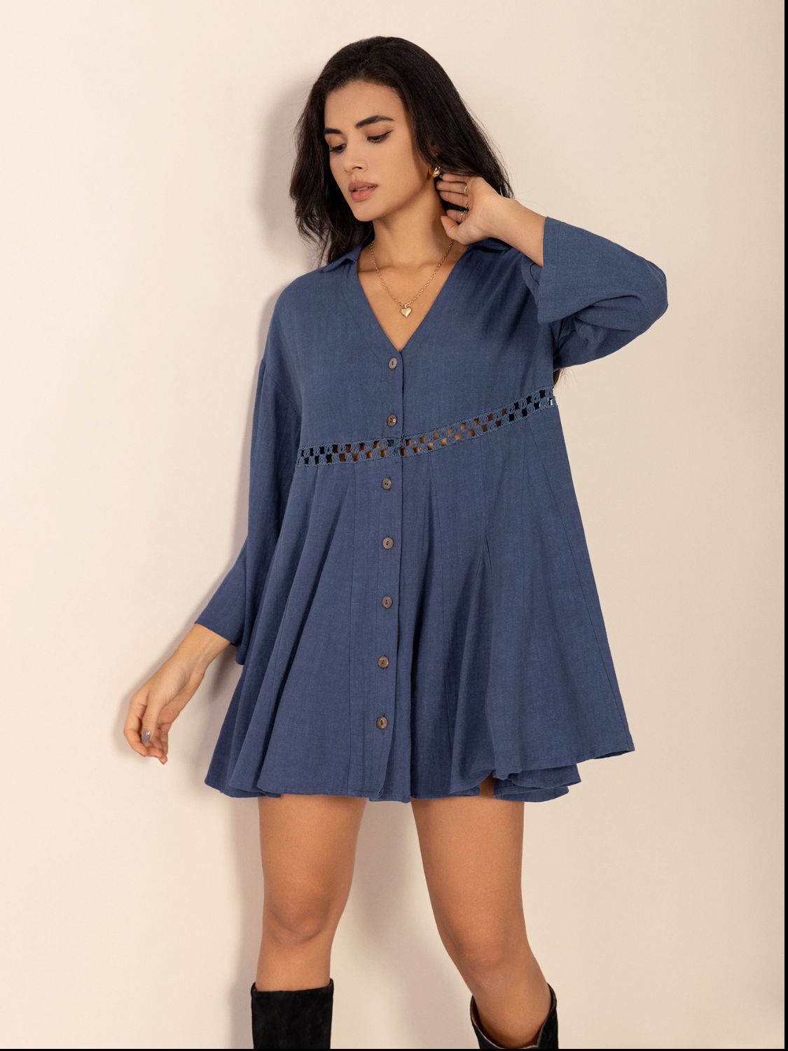 Dusty Blue Long Sleeve Mini Dress Elegant Cutout &amp; Buttoned Design Lightweight Women Dress