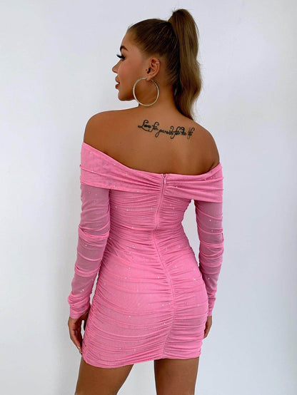 Glitter Ruched Off-Shoulder Long Sleeve Bodycon Dress for Women