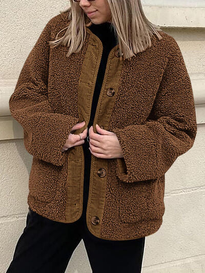 Modern Cozy Women Luxuriously Cozy Contrast Button Up Sherpa Jacket with Pockets For Fall &amp; Winter