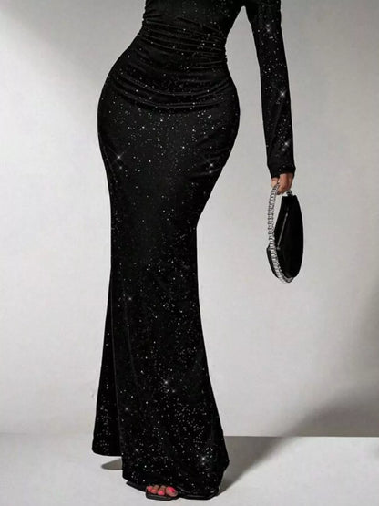 Off-Shoulder Glitter Evening Maxi Dress