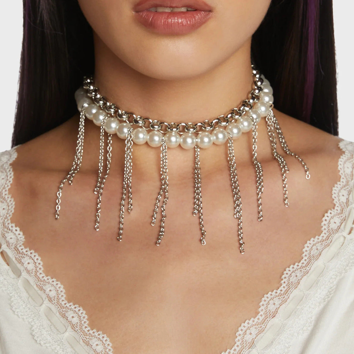 Pearl Tassel Fun Design Double-layer Retro Necklace Women&