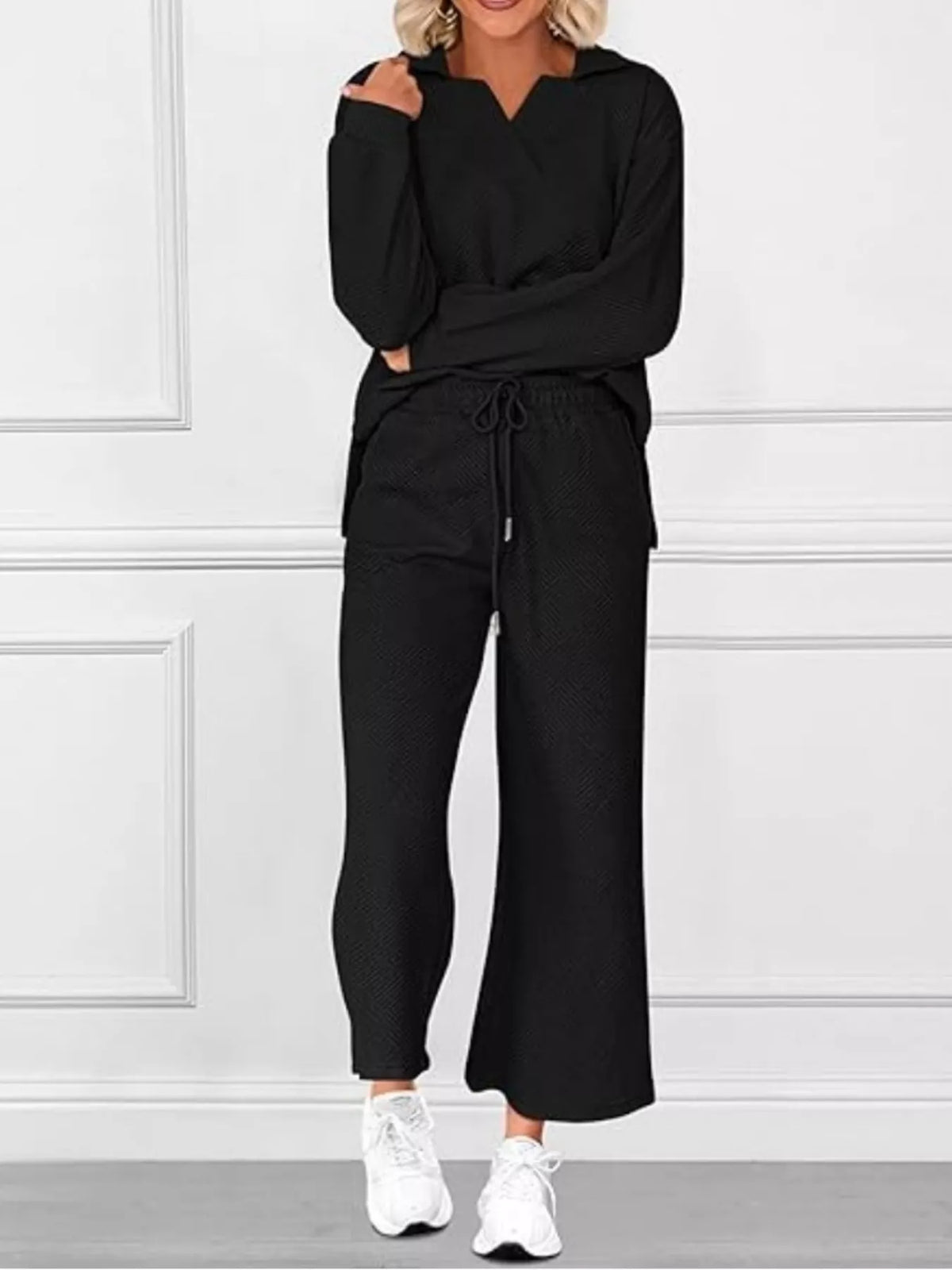 Side Slit Textured Top and Drawstring Pants Set