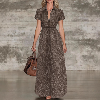 Ebay Amazon European And American Foreign Trade Retro Paisley Print Lapel Dress With Waist-Cinching A-Line Long Skirt For Women