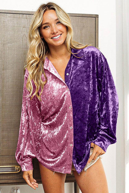 BiBi Contrast Button Up Long Sleeve Shirt for Women