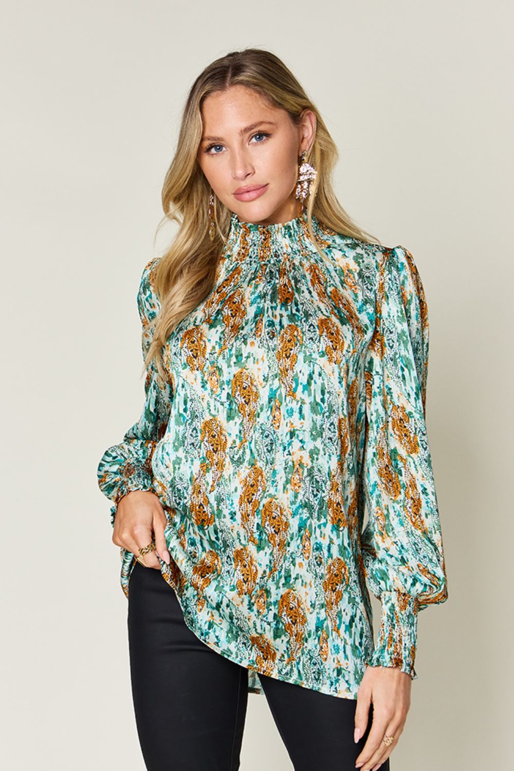 Semi-Sheer Smocked Top with Long Sleeves &amp; Frills