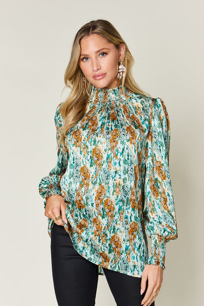 Semi-Sheer Smocked Top with Long Sleeves &amp; Frills