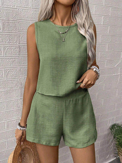 Round Neck Sleeveless Top and Shorts Set for Women