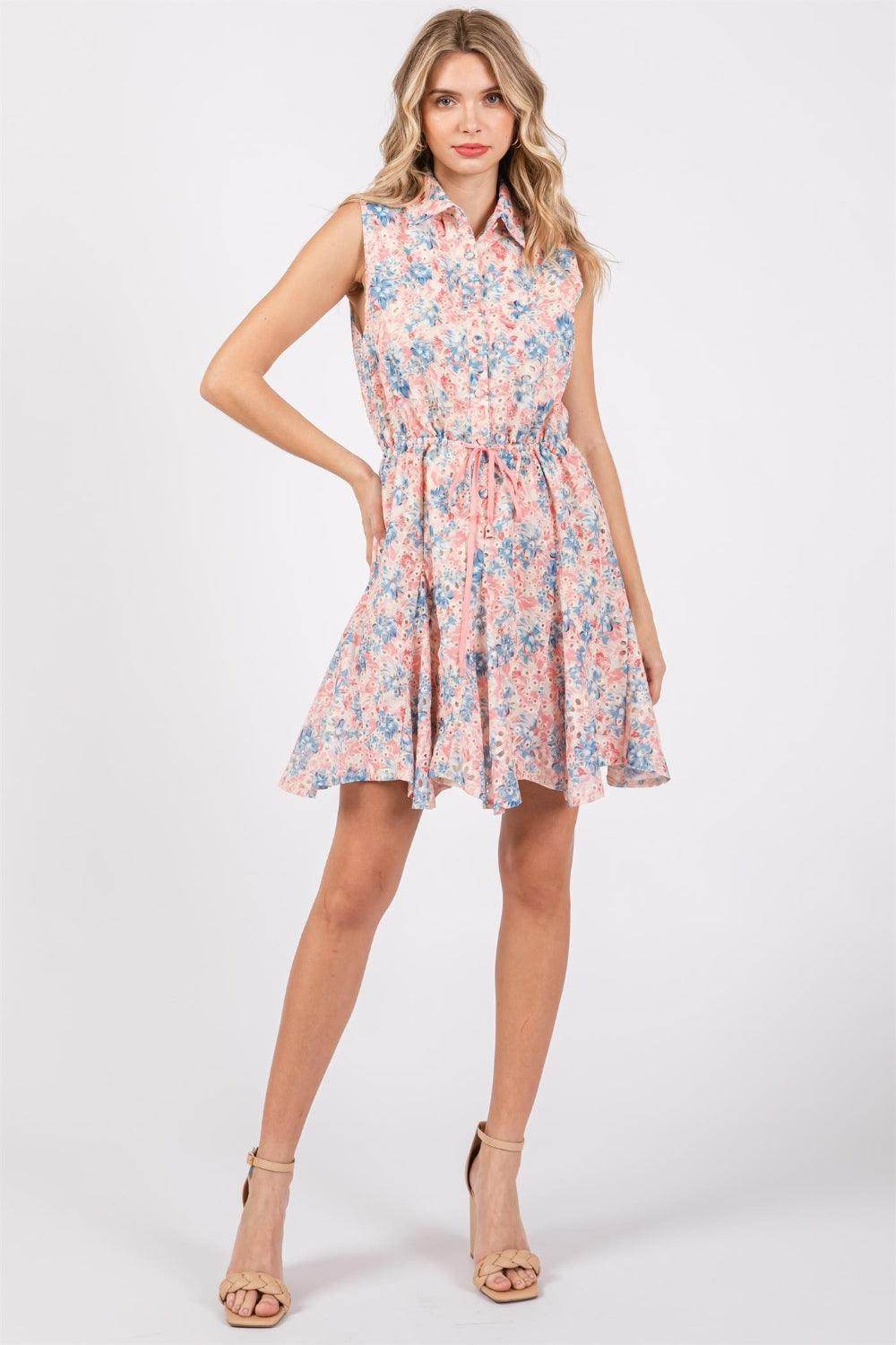GeeGee Full Size Floral Eyelet Sleeveless Mini Dress for Summer