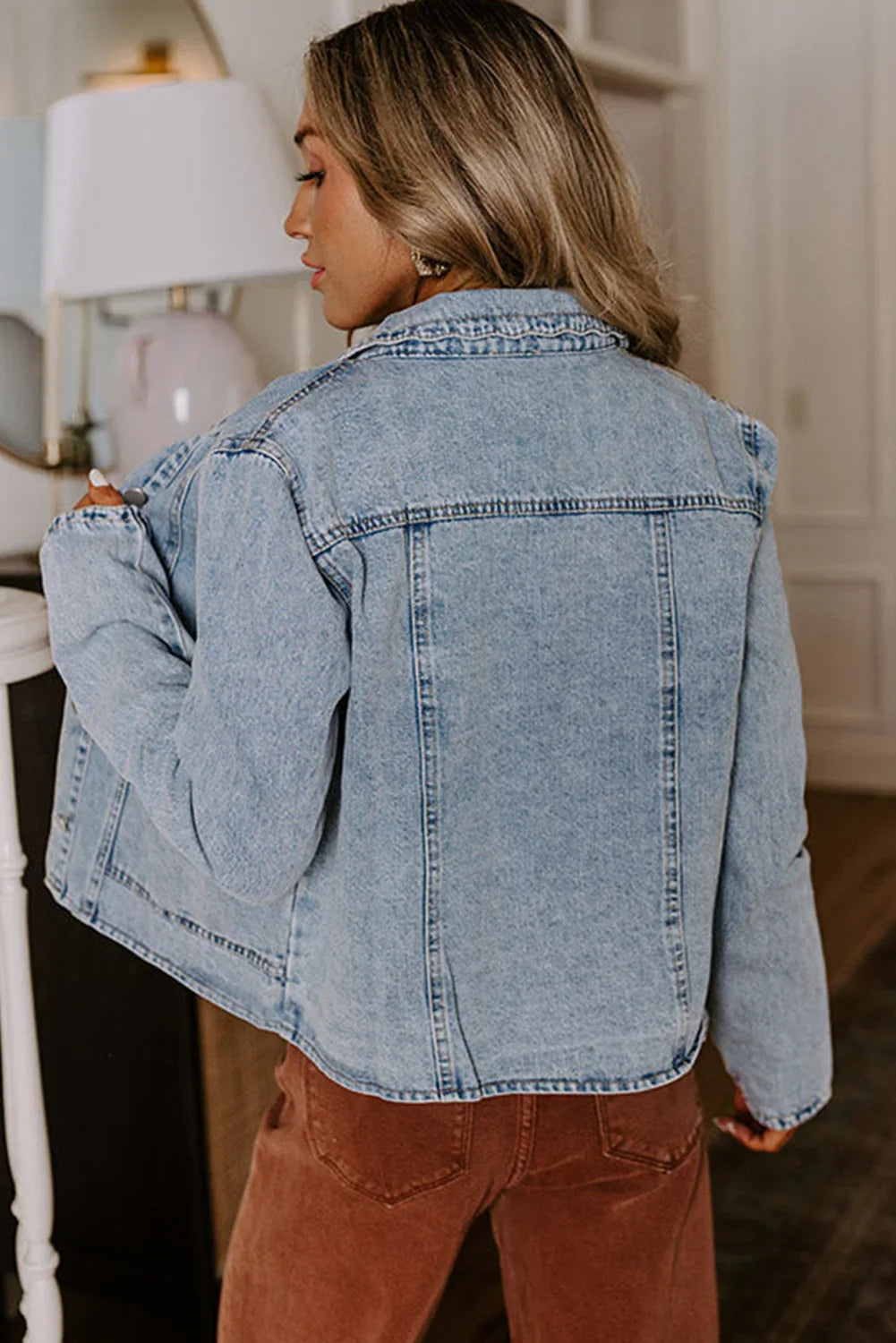 Myosotis Scallop Trim Collar Pocket Button Up Denim Jacket