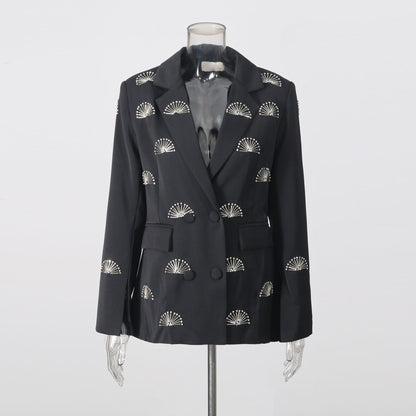 Rhinestone Fan Motif Double Breasted Notched Lapel Tailored Blazer Jacket