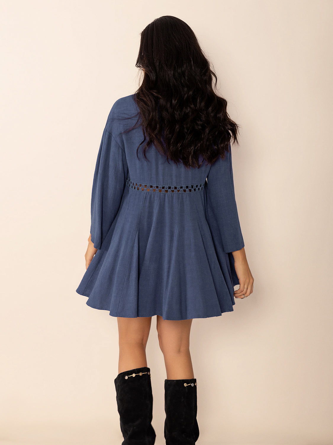 Dusty Blue Long Sleeve Mini Dress Elegant Cutout &amp; Buttoned Design Lightweight Women Dress