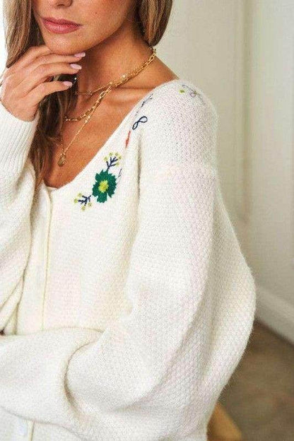 Davi &amp; Dani Flower Embroidered Button Up Long Sleeve Cardigan