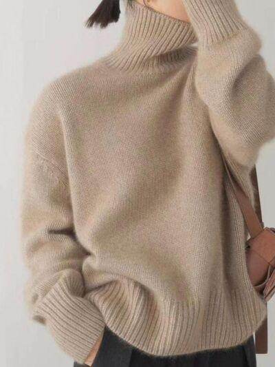 Turtleneck Dropped Shoulder Long Sleeve Sweater for Women