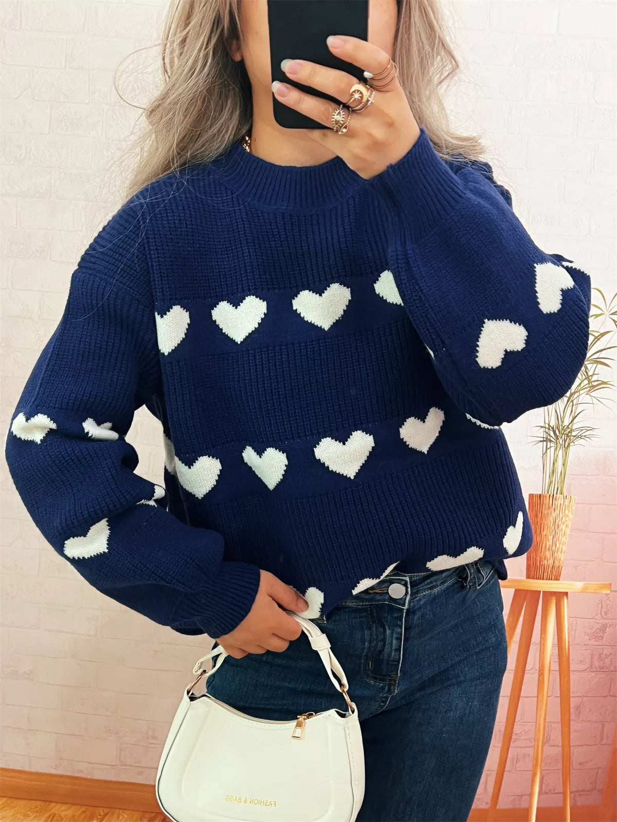 Heart Pattern Dropped Shoulder Sweater