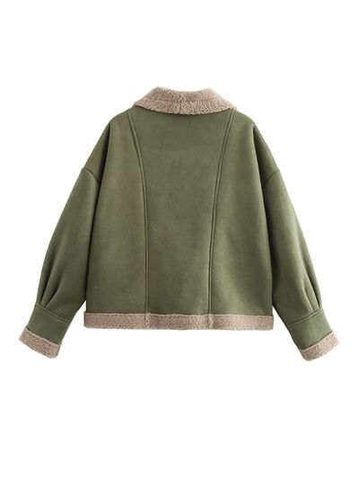 Fuzzy Collared Neck Long Sleeve Jacket with Buttoned Closure and Cozy Pockets