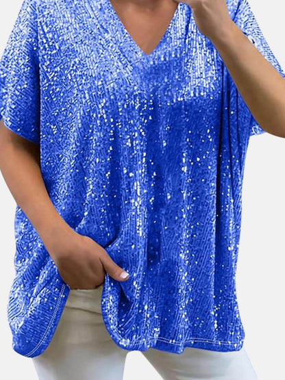 Full Size Sequin V-Neck Short Sleeve Top for Women