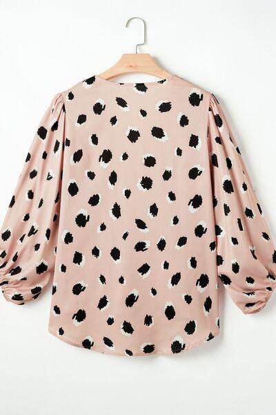 Contrast Animal Print V-Neck Long Sleeve Blouse for Women