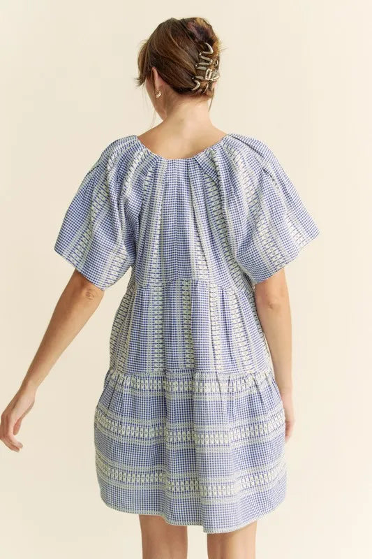 Davi &amp; Dani Embroidered Stripe Ruffled Gingham Mini Dress