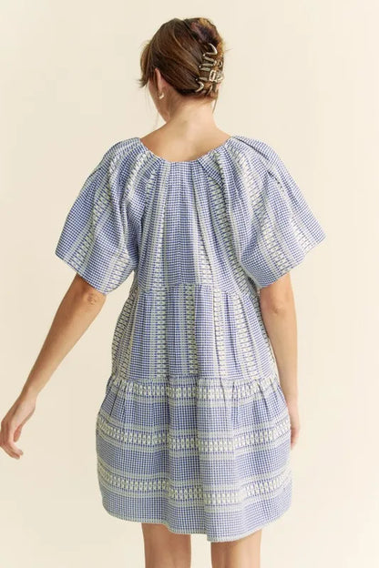Davi &amp; Dani Embroidered Stripe Ruffled Gingham Mini Dress